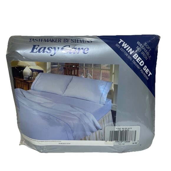 NEW 1986 Tastemaker by Stevens Easy Care White Twin Sheet Set 3 Pc Powder Puff - Picture 1 of 6